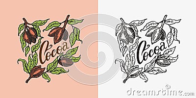 Cocoa leaves. Vintage badge or logo for t-shirts, typography, shop or signboards. Hand Drawn engraved sketch. Vector Vector Illustration