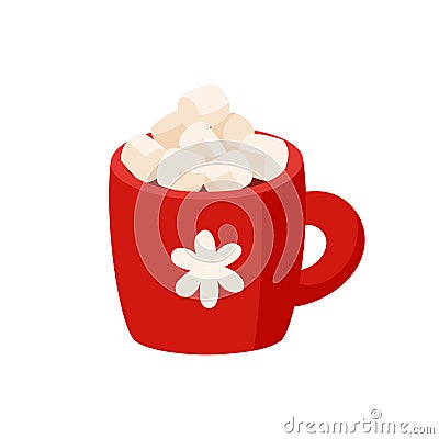 Cocoa with marshmallows in a red cup. Christmas hot chocolate cup. Cartoon new year drink. Isolated on white background Vector Illustration