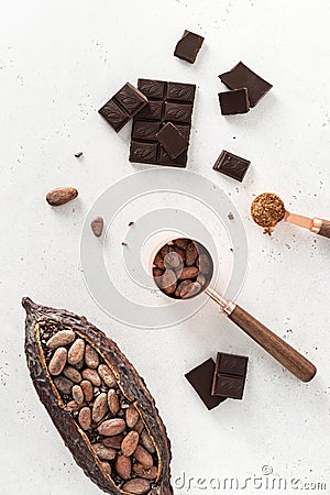 Cocoa pod with cocoa beans and pieces of chocolate on a white background. Organic food. Natural chocolate. Top view. chocolatier, Stock Photo