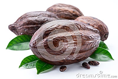 Cocoa pods with cocoa leaves isolated on a white background Stock Photo