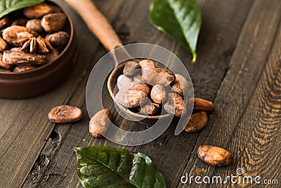 Cocoa powder and cacao beans on wooden background. Dark chocolate pieces crushed and aromatic herbs . Stock Photo