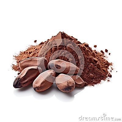 Cocoa seeds and cocoa powder, isolated on white background. Stock Photo