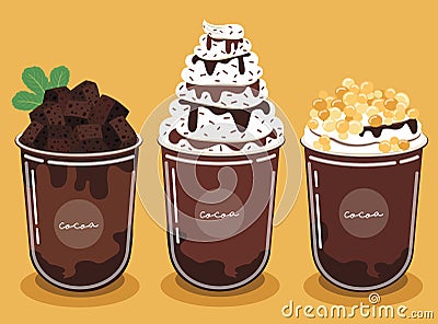 Cocoa Shake Set Garnish with brownies and chocolate sauce. And the chewy golden pearls And delicious whipped cream Vector Illustration