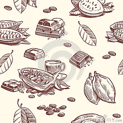 Cocoa tree, chocolate beans seamless pattern. Cacao fruit woodcut vector repeating texture Vector Illustration