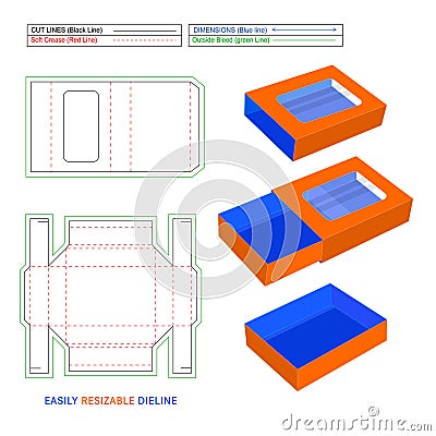 Chocolate paper drawer box, Sleeve drawer box die line template and 3D render, easily editable and resizeable Vector Illustration