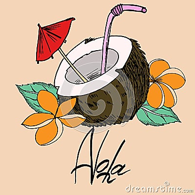 Coconut and aloha inscription black outline and color fill vector image Stock Photo