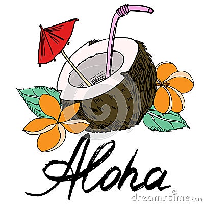 Coconut and aloha inscription black outline and color fill vector image Stock Photo