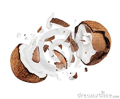 Coconut broken in the air into two halves Stock Photo