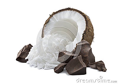 Coconut broken chocolate pile isolated on white Stock Photo