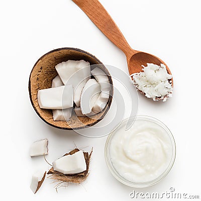 Coconut butter in bowl and spoon Stock Photo