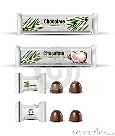 Coconut chocolate package mock up. Vector Layout of food identity branding, packaging design. Healthy organic product Vector Illustration