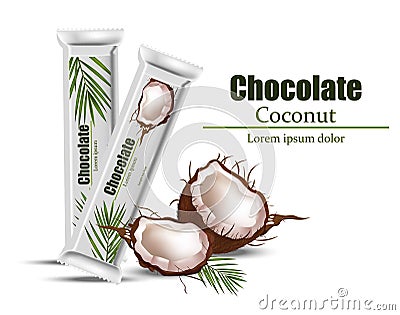 Coconut chocolate package mock up. Vector Layout of food identity branding, packaging design. Healthy organic product Vector Illustration