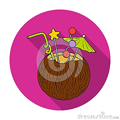 Coconut cocktail icon in flat style isolated on white background. Surfing symbol stock vector illustration. Vector Illustration