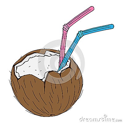 Coconut with a cocktail straw icon. Vector of a broken coconut with a decorative umbrella for cocktails. Hand drawn coconut Stock Photo