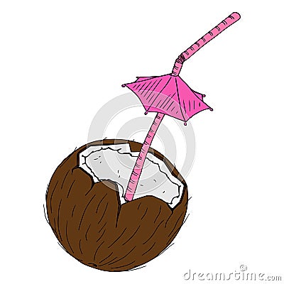 Coconut with a cocktail straw icon. Vector illustration of a broken coconut with a decorative umbrella for cocktails Cartoon Illustration