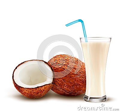 Coconut with a coconut milk cocktail. Vector Illustration