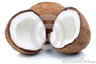 Coconut coconuts fruit sliced half fruits isolated on white Stock Photo