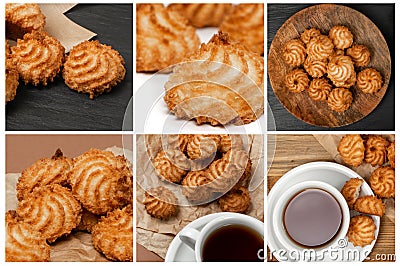 Coconut Cookies Collage, Various Cocoanut Macaroons Collection Stock Photo