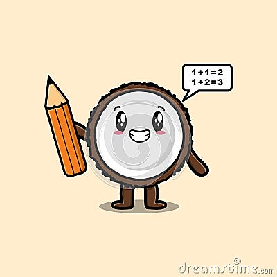 Coconut cute cartoon clever student with pencil Vector Illustration