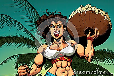 Coconut Cute Strong woman body builder super muscle cartoon style Illustration generative ai Stock Photo