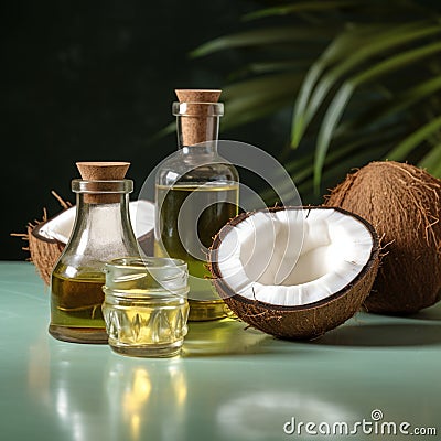Coconut delight Table adorned with a slice and oil bottle Stock Photo