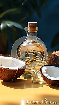 Coconut delight Table adorned with a slice and oil bottle Stock Photo