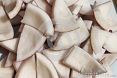 Coconut display showing parts of coconuts india Stock Photo