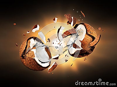 Coconut explodes into pieces in the dark Stock Photo