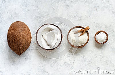 Coconut flour and coconut oil with coconut pieces Stock Photo