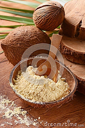 Coconut flour on the table Stock Photo