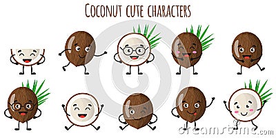 Coconut fruit cute funny cheerful characters with different poses and emotions Vector Illustration