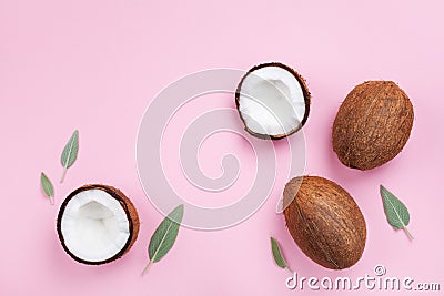 Coconut fruit whole and half on pink pastel background top view. Flat lay style. Stock Photo