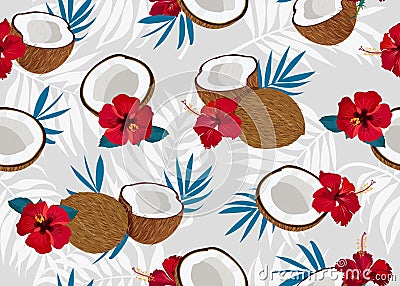 Coconut fruits seamless pattern whole and piece with blue leaves on gray background. Summer background. Vector Illustration