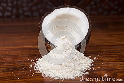 Coconut half and shredded coconut Stock Photo