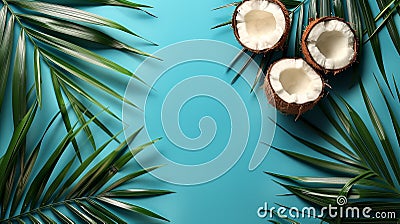 Coconut halves and palm leaves on a blue background, AI Stock Photo