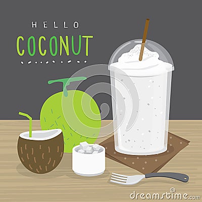 Coconut Juice, Drink Coconut Water and and half slice coconut vector. Vector Illustration