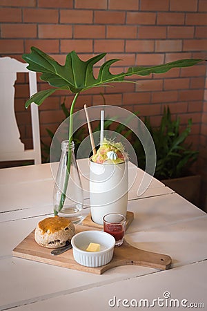 Coconut juice topping Cotton Candy and Cranberry scone Stock Photo