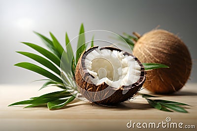 Coconut with leaves on wooden table, close-up Stock Photo