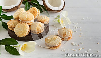 Coconut macaroon cookies on background. Fresh and delicious pastry Stock Photo