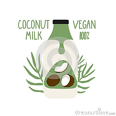 Coconut milk in a cartoon bottle. Vegan milk. Vector Illustration