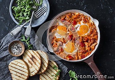 Coconut milk curry vegetables shakshuka and grilled bread on dark background, top view Stock Photo