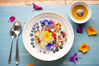 coconut milk porridge with a colorful berry medley on top Stock Photo