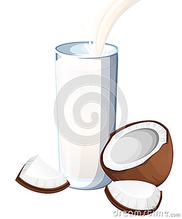 Coconut milk pouring in drinking glass. Coconut sweet milkshake dessert. Flat illustration isolated on white background. Cartoon Illustration