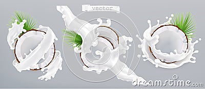 Coconut and milk splash. 3d vector icon Vector Illustration