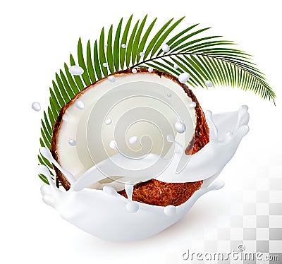 Coconut in a milk splash on a transparent background. Vector Illustration