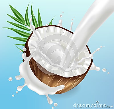 Coconut in milk splash Vector realistic. template tropic exotic background. Fruit yogurt or milk layouts Vector Illustration