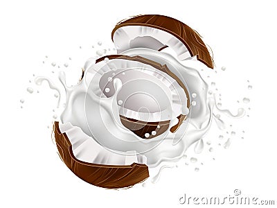 Coconut in milk splashes. Realistic flying pieces and half coconut, yogurt creamy drops, white liquid in motion and Vector Illustration