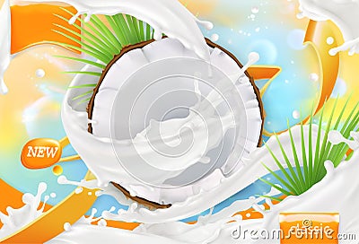 Coconut milk. White cream splash. 3d vector Vector Illustration