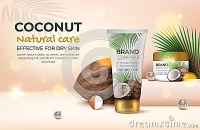 Coconut Natural Care Ads Banner Concept Poster Card. Vector Vector Illustration