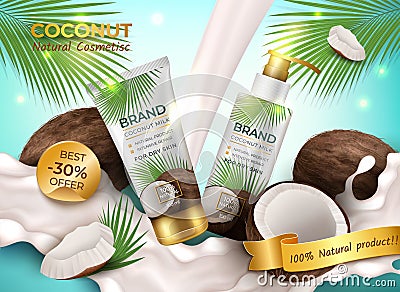 Coconut Natural Cosmetics Ads Banner Concept Poster Card. Vector Vector Illustration